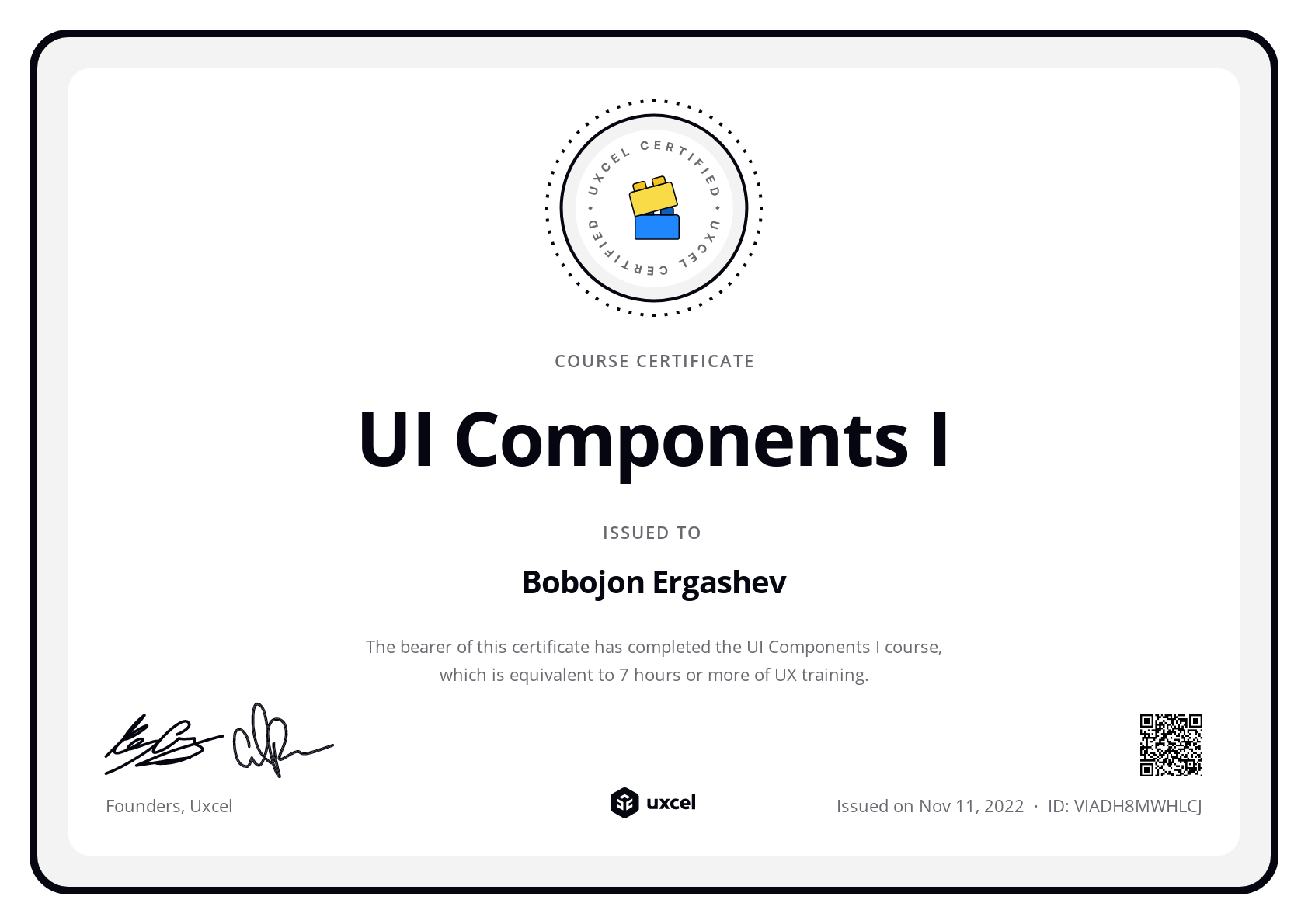 Bobojon Ergashev's certificate